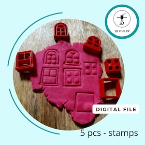May include: Five red plastic stamps shaped like windows and a square. The stamps are on a wooden surface with pink play dough. The text "DIGITAL FILE" and "5 pcs - stamps" is visible below the image.