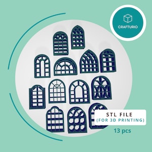 Könnte beinhalten: Dreizehn verschiedene Fensterdesigns zum 3D-Drucken. Die Fenster sind alle gewölbt und haben unterschiedliche Muster von Fensterscheiben. Die Designs sind in einer blaugrünen Farbe gehalten und in einem Kreis auf einem weißen Hintergrund angeordnet. STL-DATEI (FÜR 3D-DRUCK) 13 Stück