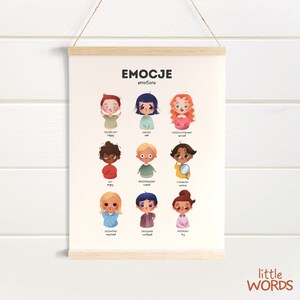 Cuadro de sentimientos, del polaco al inglés, educación en casa, Montessori para niños pequeños, arte mural descargable para la sala de juegos, aprendizaje de emociones, rincón de tranquilidad