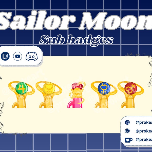 Sailor Moon sub badges, sailor sub badges twitch, youtube, discord, Sailor Moon, Mars, Venus, Mercury, Jupiter, sailor sub badges