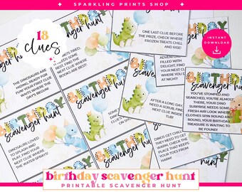 May include: A printable dinosaur-themed birthday scavenger hunt game with 18 clues. The cards feature colorful illustrations of dinosaurs, balloons, and a tub. The text on the cards reads "Birthday Scavenger Hunt".