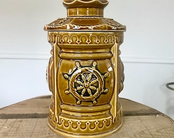 Vintage Gold Enesco Cookie Jar for Nautical Decor, Retro Kitchen Decor, Sailboat, Ship Helm, Compass and Anchor, Naval Maritime Kitchenalia