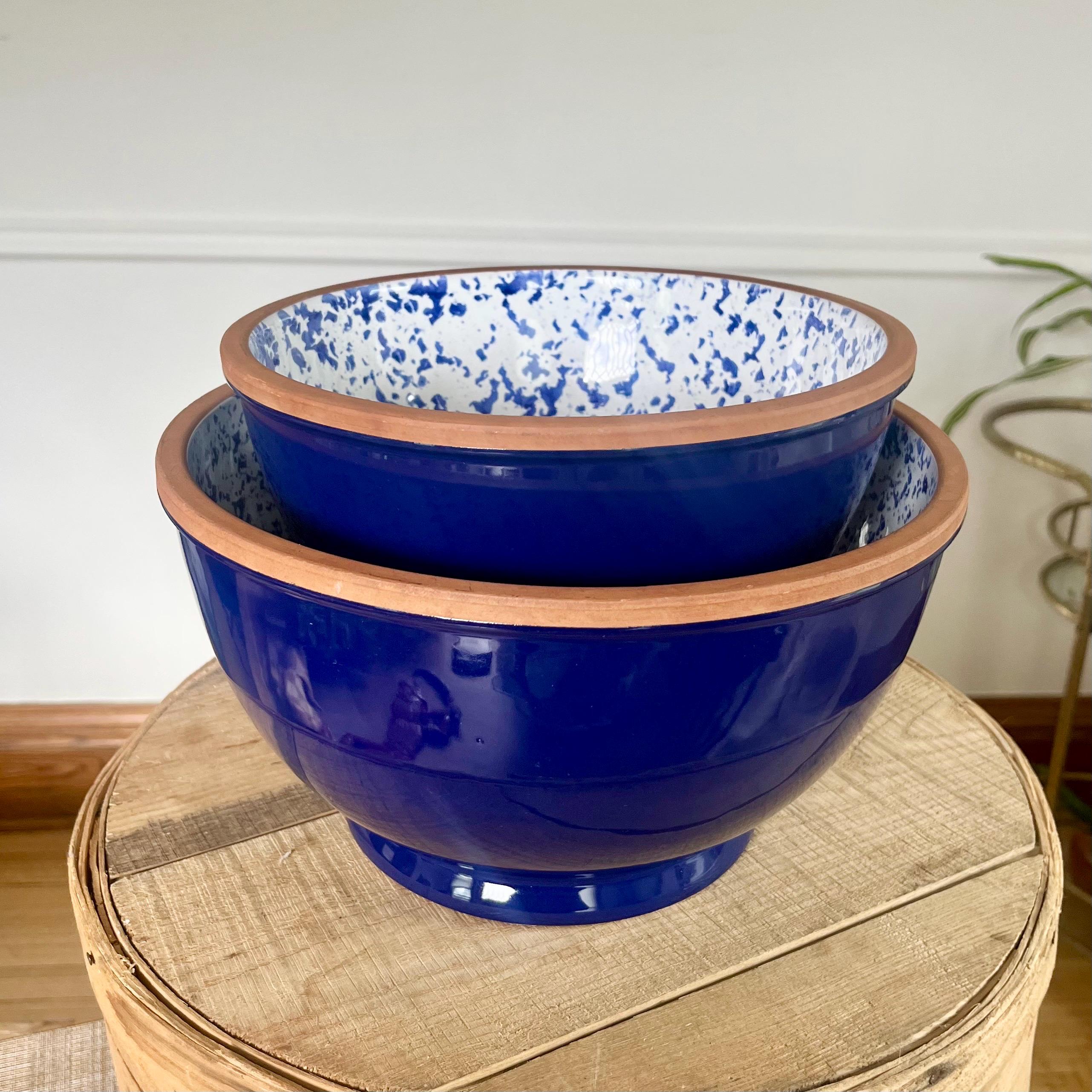 Vintage Blue Spongeware Mixing Bowls, Italian Terra Cotta Rim