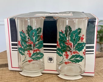 Vintage Holly Christmas Glasses Set of 4, MCM Holiday Barware