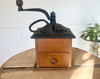 Antique Coffee Grinder Wood and Hand Crank Cast Iron Primitive Kitchen Tool Gadget with Drawe,  Modern Farmhouse Display Kitchen Decor