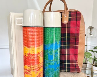Vintage Plaid Thermos Picnic Bag with 4-Piece Set