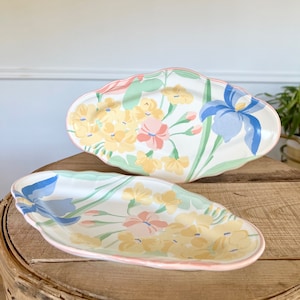 Vintage Dishes, Set of 2 Small Oval Shaped Dishes, Pastel Colors, Spring Floral, Salina Les Bains, Made in France, Jewelry Dish, Colorful