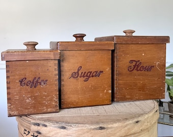 Vintage Wooden Canister Set, Genuine Woodcroftery Canisters, Flour Sugar Coffee, Vintage Kitchen Decor