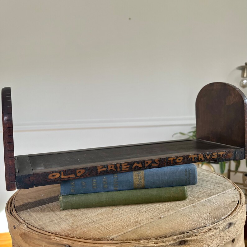Arts and Crafts Pyrography Book Rack That Extends, Vintage Bookends, Wooden Bookend, Wooden