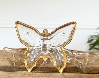 Glass Butterfly Ring Dish, Vintage Jewelry Dish, Butterfly, Gold, Trinket Dish