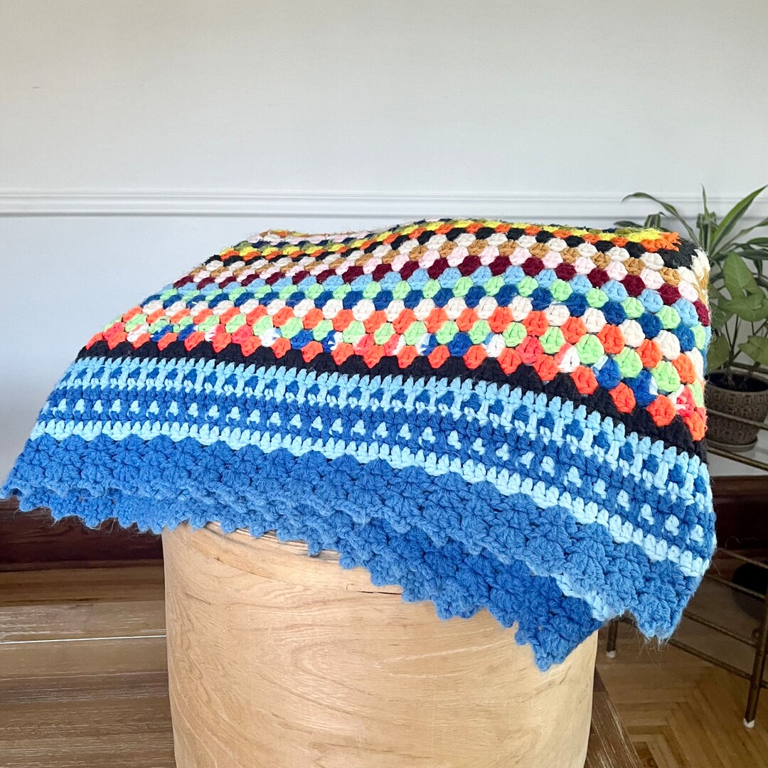 Vintage Throw Blanket, Crochet Throw, Bright Colors, Blue Vintage