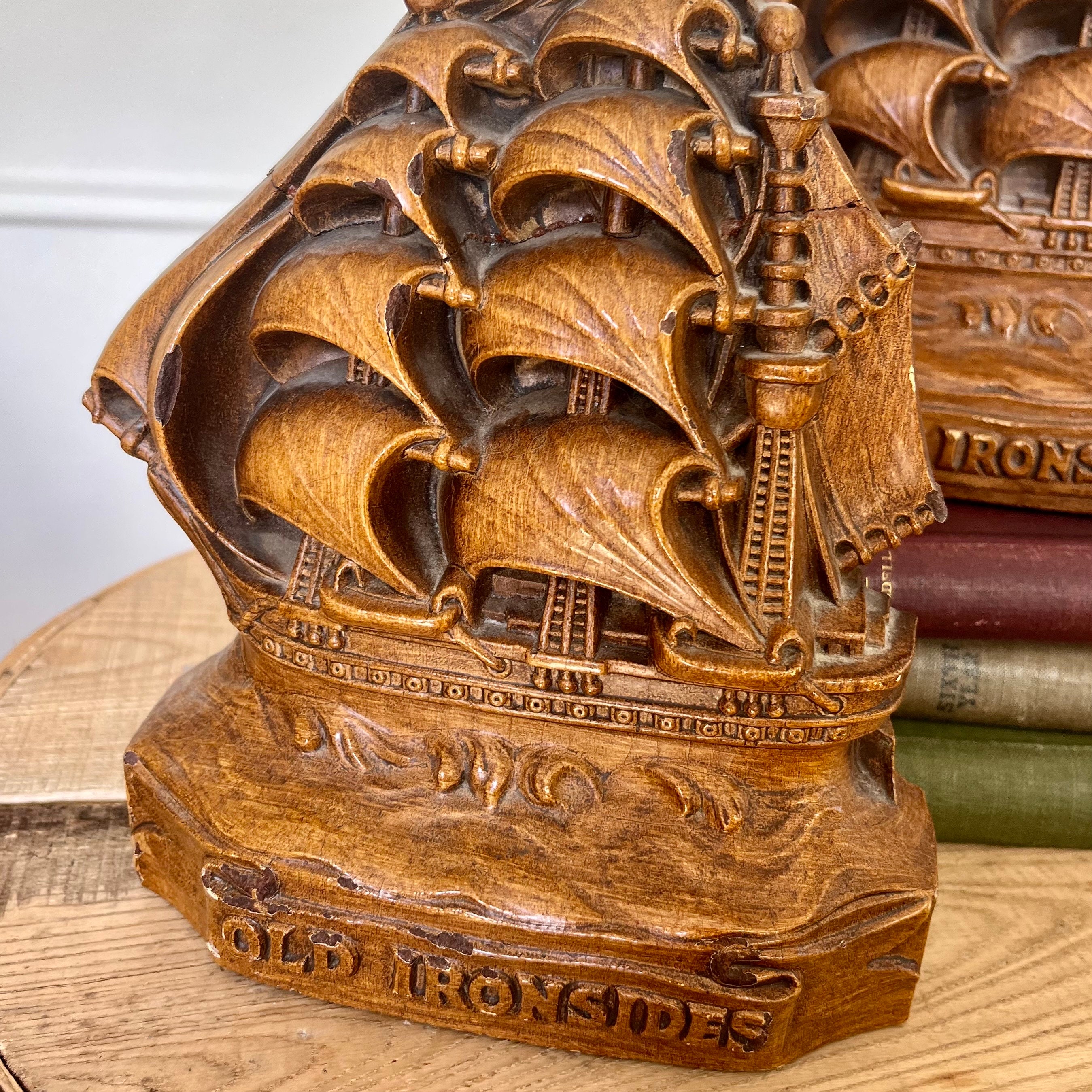 Vintage Ship Bookends, Wooden Ship Bookends, Vintage Ship, Handcarved