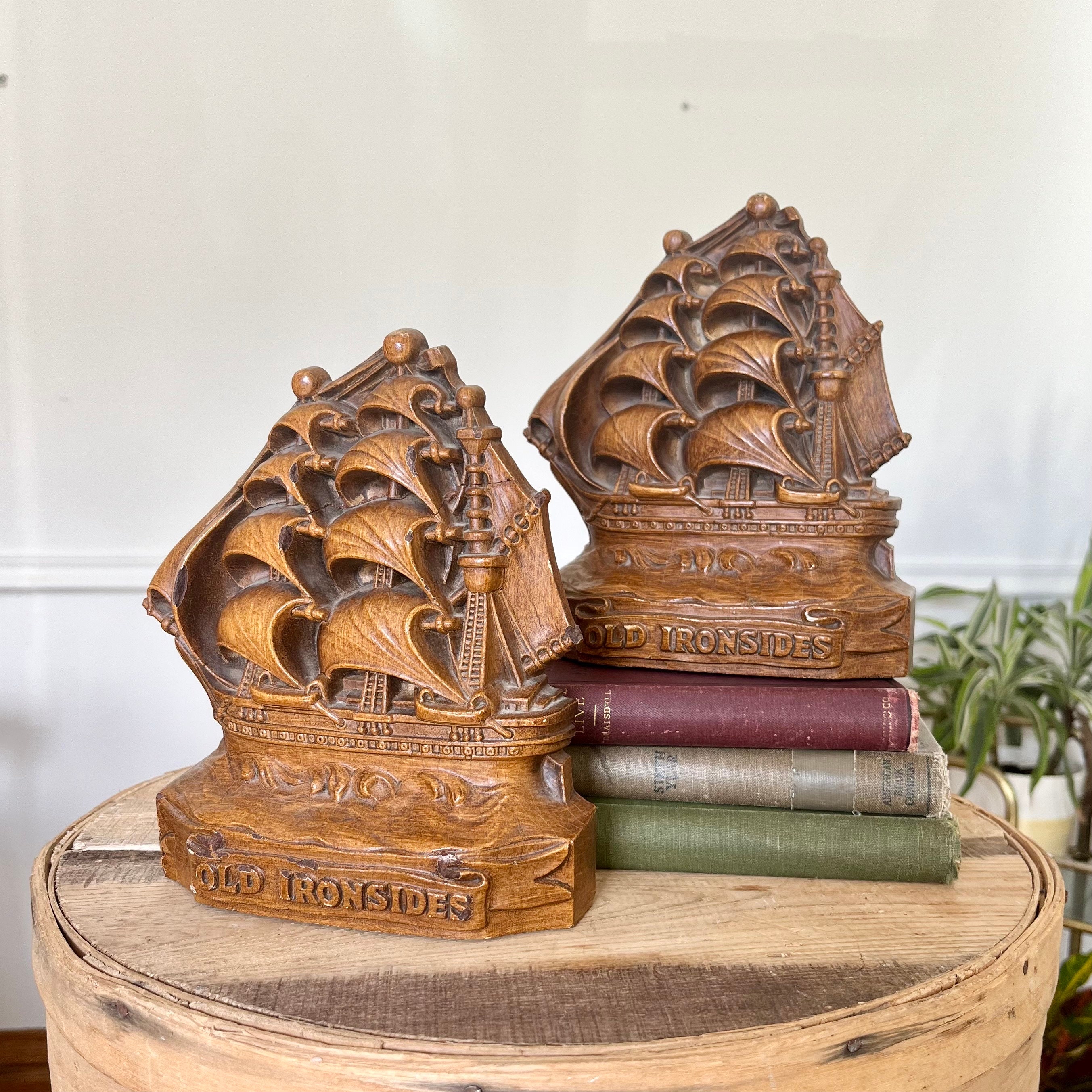 Vintage Ship Bookends, Wooden Ship Bookends, Vintage Ship, Handcarved