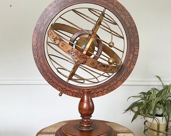 Vintage Wood and Brass Armillary Sphere with Double Rotating Globe, Antique Globe Sphere, Explorer Antiques