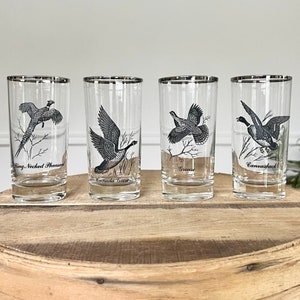 Vintage Bird Glasses, Game Bird Hunting Glasses, MCM, Set of 4 Glasses, 1960s, Sportsman, Federal Glass, Silver Rim