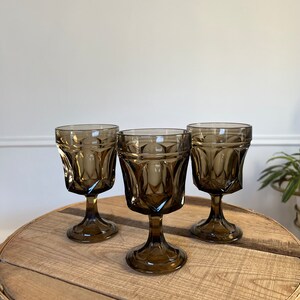 3 Vintage Water Goblets, MCM Wine Glass,  Vintage Barware, Smoke Glass, Bar Decor, Bar Cart