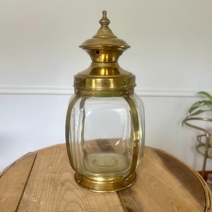 Vintage Atlas Brass and Glass Nautical Style Covered Lantern, Storage Jar, Candle Holder