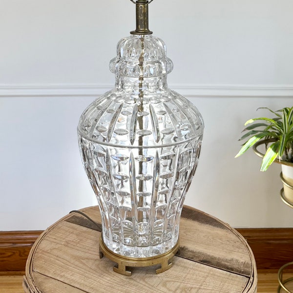 Vintage Crystal and Brass Lamp, Elegant Hollywood Regency Glass Lamp, MCM