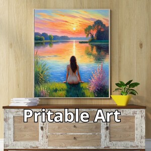 Gelassenheit bei Sonnenuntergang, druckbare Kunst, digitale Wandkunst, bunte Wandkunst, Wohnzimmer Kunst, Frau Kunstdruck