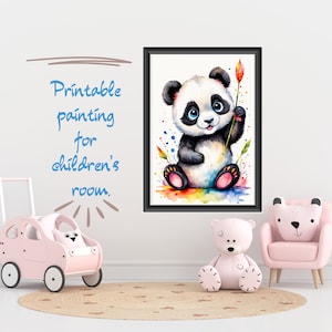 Printable Watercolor Painting for Children Rooms, Cute Little Playful Panda, Baby shower gift