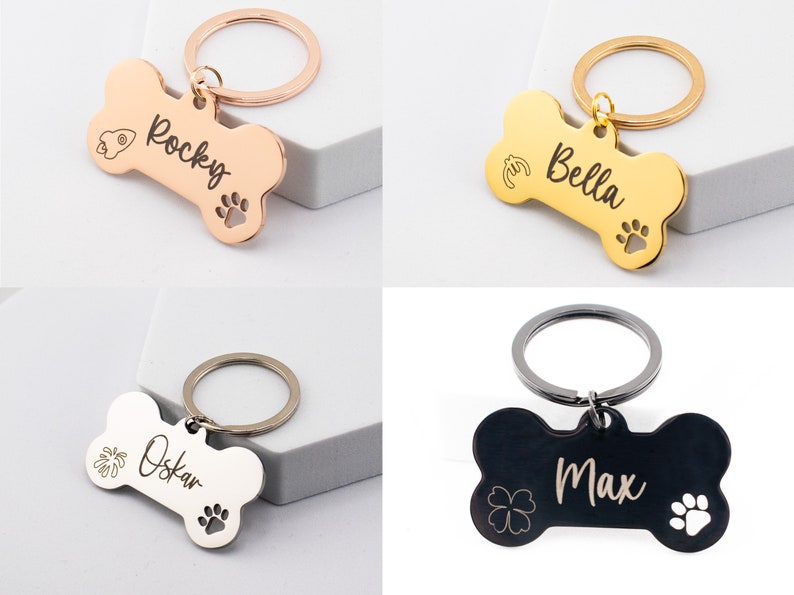 Bone Shaped Custom Dog Tag Personalized & Engraved Pet Name Tag Rosegold Silver Gold Black Dog Tag image 2