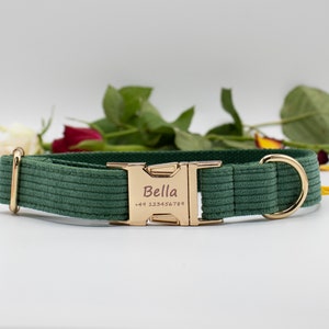 Green Corduroy Dog Collar: Handmade with Name , Bow, Cute Collar and Leash Set