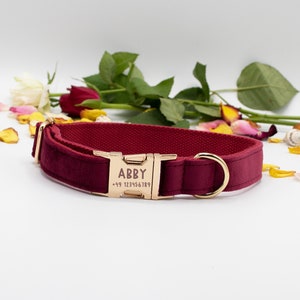 Wine Red Velvet Dog Set: Handmade Dog Collar with Name , Bow, Cute dog Collar and Leash Set