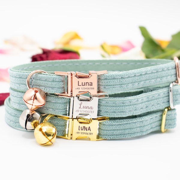 Groene kattenhalsband met Bells Bow naam gegraveerd, gepersonaliseerde kattenhalsbanden cadeau