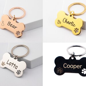 Bone Shaped Custom Dog Tag Personalized & Engraved Pet Name Tag Rosegold Silver Gold Black Dog Tag image 3