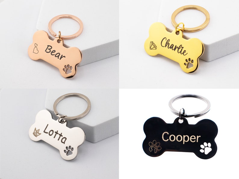 Bone Shaped Custom Dog Tag Personalized & Engraved Pet Name Tag Rosegold Silver Gold Black Dog Tag image 3