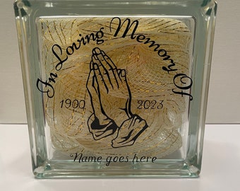 Personalized In Loving Memory of Memorial Glass Block and Praying Hands, Loss of a loved one, Remembrance, Sympathy Gift