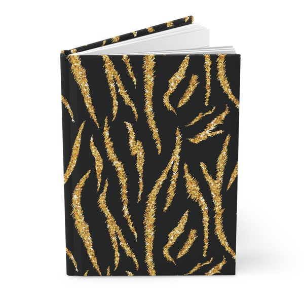 Black and Gold Hardcover Daily Journal | Tiger Stripe Pattern Composition Notebook | Animal Lover Desk Top Diary Cool College Student Stuff