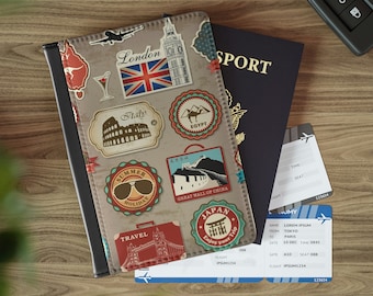 Stylish Passport Cover with Retro Stickers and Interior Pouches | Minimalist Travel Wallet and Business Card Passport Holder | RFID Blocking