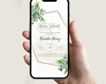 Baby Shower Evite, Gender Neutral Baby Shower, Green & Gold Baby Shower, Greenery Electronic Baby Shower