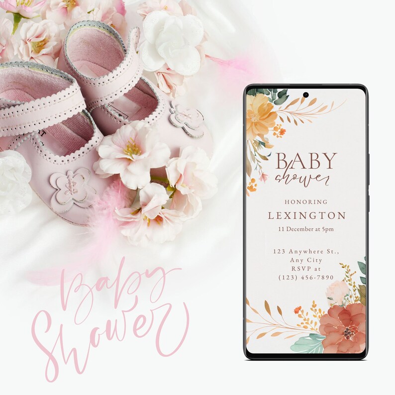 May include: A digital invitation for a baby shower with a floral design. The invitation reads "BABY shower HONORING LEXINGTON 11 December at 5pm 123 Anywhere St., Any City RSVP at (123) 456-7890"