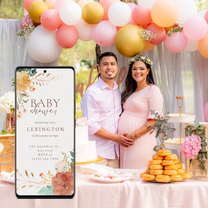 May include: A digital invitation for a baby shower with a floral design. The invitation reads "Baby shower honoring Lexington 11 December at 5pm 123 Anywhere St., Any City RSVP at (123) 456-7890".