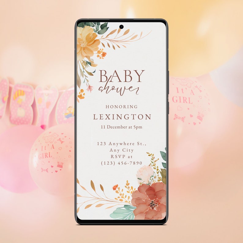 May include: A digital invitation for a baby shower with a floral design. The invitation says "Baby shower" in a brown script font. The text "Honoring Lexington" is in a brown sans-serif font. The date and time of the shower are listed as "11 December at 5pm". The address and RSVP information are also included.