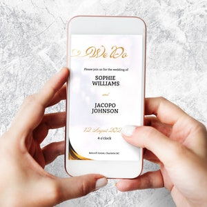 Reines Weiß elektronisch bearbeitbare digitale Hochzeit Einladung & Details, sofortiger digitaler Download, Textnachricht einladen, papierlose Canva bearbeitbar