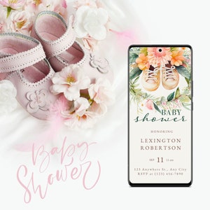 May include: A digital invitation for a baby shower, featuring a watercolor illustration of pink flowers and baby shoes. The text reads "Baby Shower" and includes the name Lexington Robertson, the date September 11th, and the time 11 am. The invitation also includes an address and RSVP information.