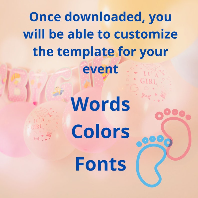 May include: Pink and blue balloons with the words "It's a Girl" and "Baby" on them. The text "Words, Colors, Fonts" is written in blue on a pink background.
