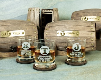 Groomsman Whiskey Barrel Set with Whiskey Glasses and Stones, Engraved Bourbon Glasses, Bachelor Party Favors, Best Man, Barware Set
