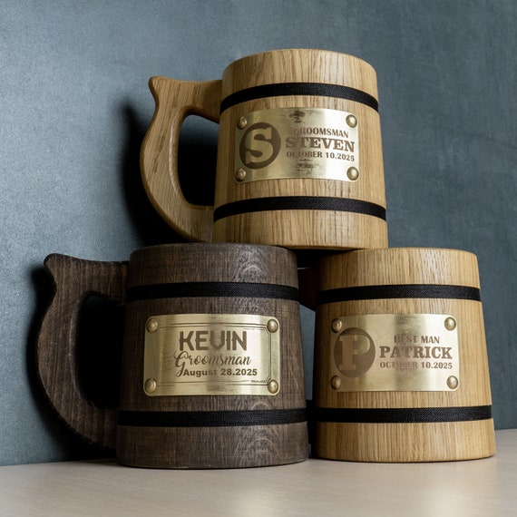 Custom Groomsmen Beer Mug, Personalized Wooden Tankard, Best Man Proposal Beer Stein, Wedding Officiant Gift, Bachelor Party Gifts, Dad Mug