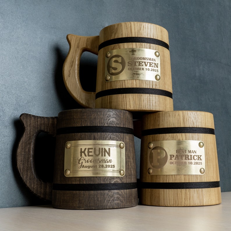 Custom Groomsmen Beer Mug, Personalized Wooden Tankard, Best Man Proposal Beer Stein, Wedding Officiant Gift, Bachelor Party Gifts, Dad Mug bild 1