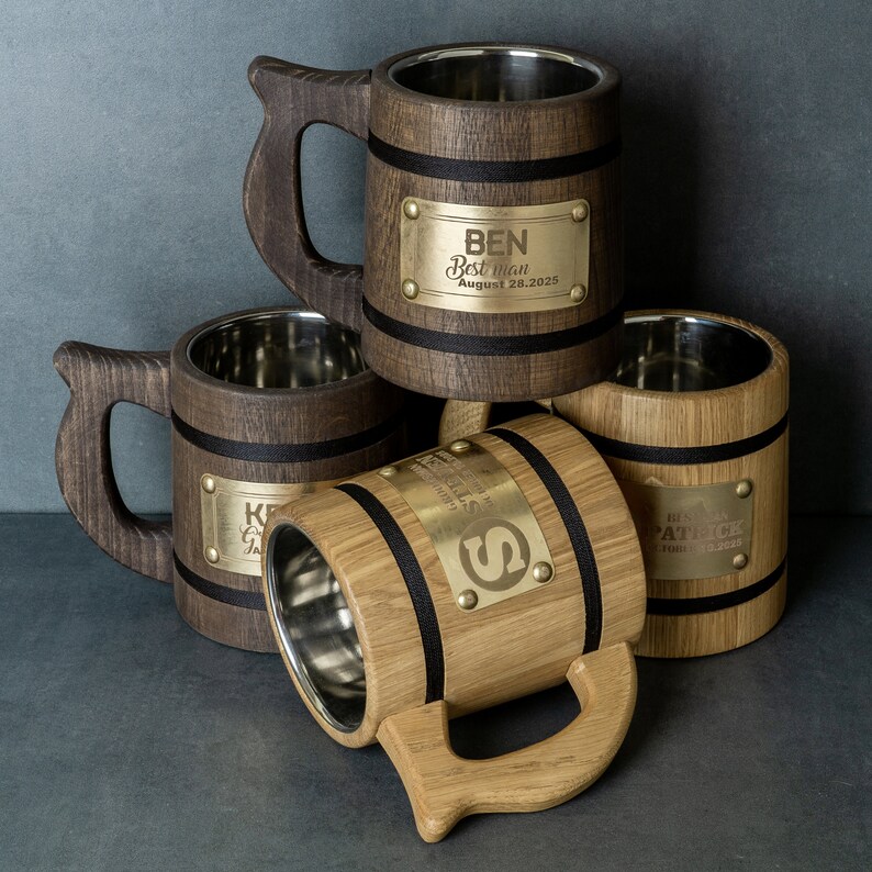 Custom Groomsmen Beer Mug, Personalized Wooden Tankard, Best Man Proposal Beer Stein, Wedding Officiant Gift, Bachelor Party Gifts, Dad Mug bild 2