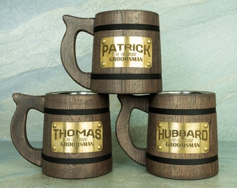 Engraved Wooden Beer Mug: Groomsman Gift, Personalized Tankard