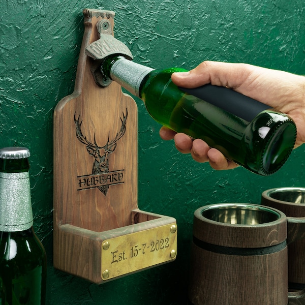 Wall Mounted Beer Bottle Opener,  Groomsmen Gift for Beer Lovers, Personalized with Cap Catcher, Best Man Beer Gift