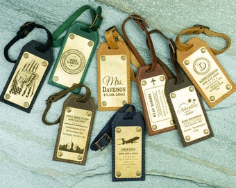 Engraved Luggage Tag with Brass Plates - Leather Travel Bag Name Tag, Employees appreciation, Wedding Day gift, Personalized Logo Tag