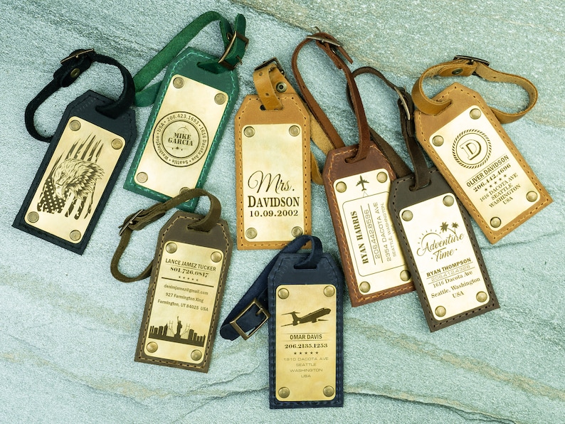 Leather Travel Bag Name Tag Engraved Brass Luggage Tag Etsy
