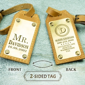 Personalized Leather Luggage Tags for Couple - Mr and Mrs Wedding or Engagement Gift - Anniversary Travel Gift, Custom brass tags