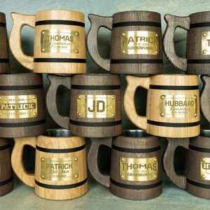Custom Groomsmen Beer Mug, Personalized Wooden Tankard, Best Man Proposal Beer Stein, Wedding Officiant Gift, Bachelor Party Gifts, Dad Mug bild 9